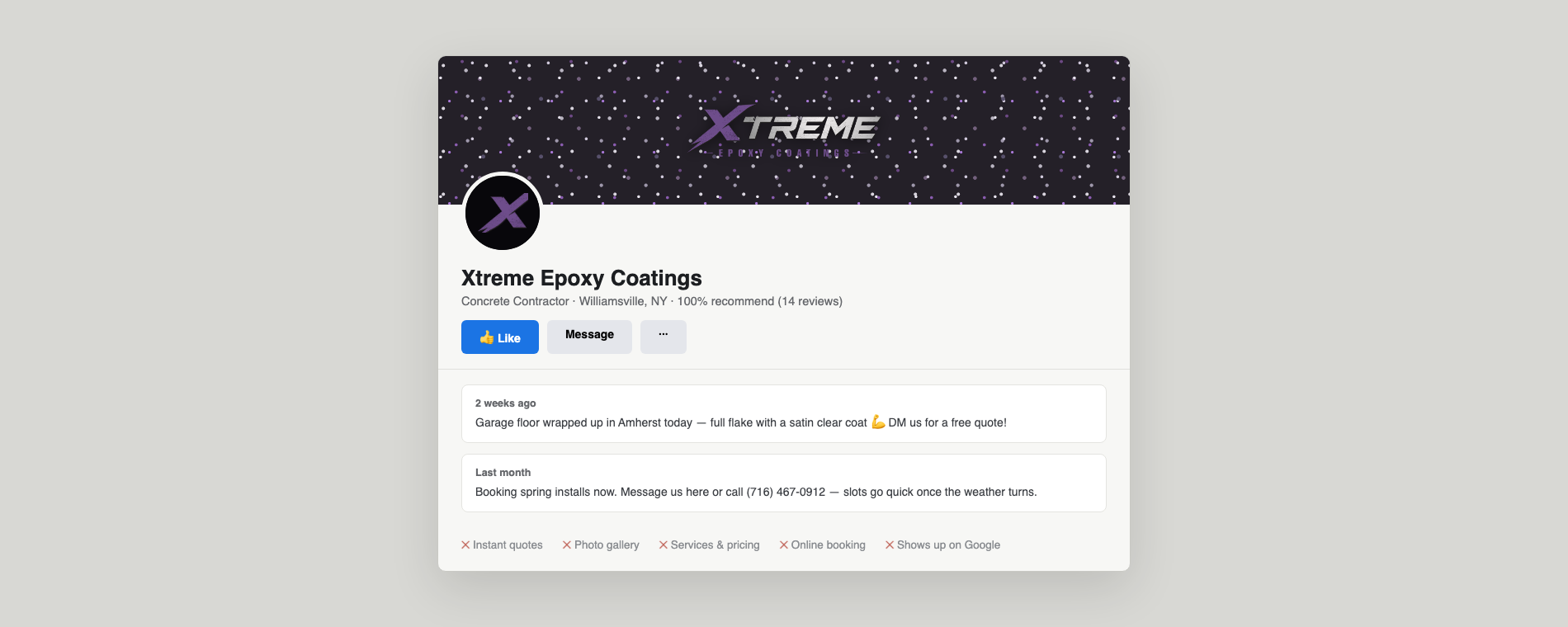 Before — a Facebook page as the only web presence